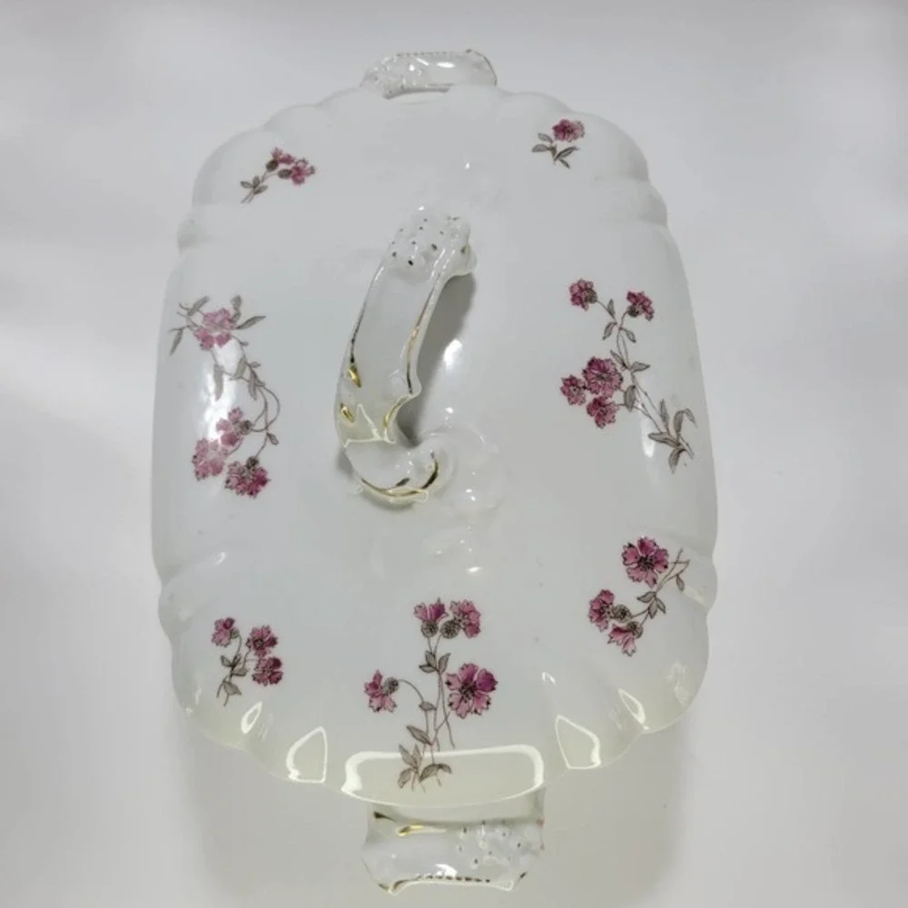 Antique A.K. Carlsbad Austria Tureen & Lid with Purple Flowers 1800s